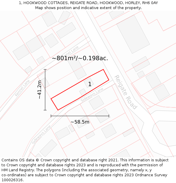 1, HOOKWOOD COTTAGES, REIGATE ROAD, HOOKWOOD, HORLEY, RH6 0AY: Plot and title map