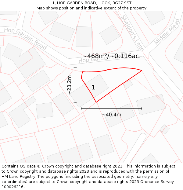 1, HOP GARDEN ROAD, HOOK, RG27 9ST: Plot and title map