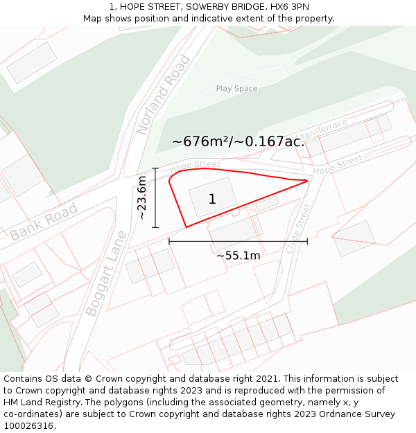 1, HOPE STREET, SOWERBY BRIDGE, HX6 3PN: Plot and title map