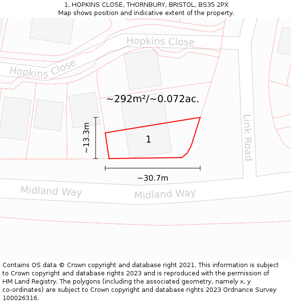 1, HOPKINS CLOSE, THORNBURY, BRISTOL, BS35 2PX: Plot and title map