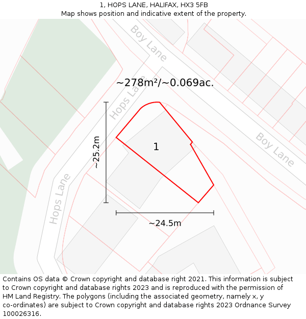 1, HOPS LANE, HALIFAX, HX3 5FB: Plot and title map