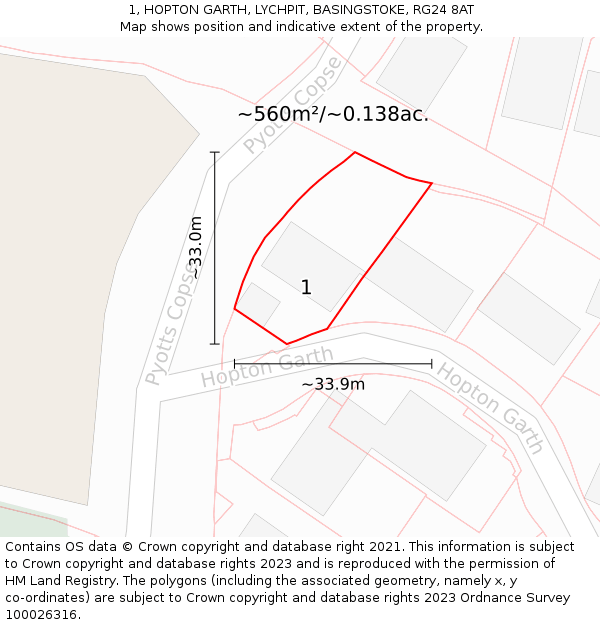 1, HOPTON GARTH, LYCHPIT, BASINGSTOKE, RG24 8AT: Plot and title map