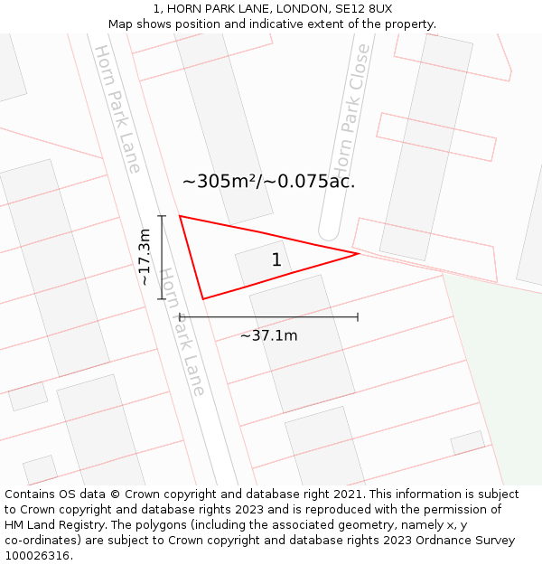 1, HORN PARK LANE, LONDON, SE12 8UX: Plot and title map