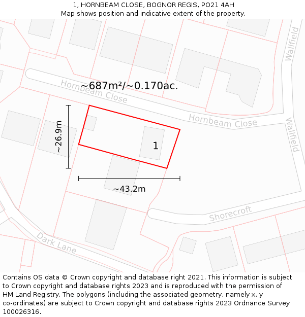 1, HORNBEAM CLOSE, BOGNOR REGIS, PO21 4AH: Plot and title map