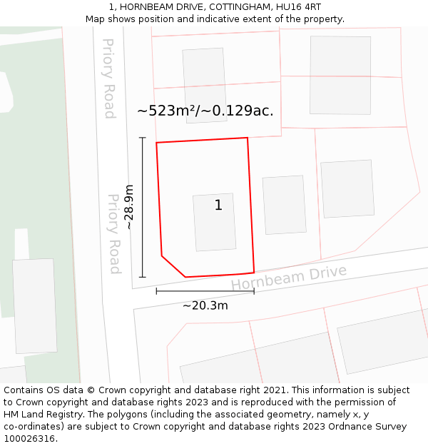 1, HORNBEAM DRIVE, COTTINGHAM, HU16 4RT: Plot and title map