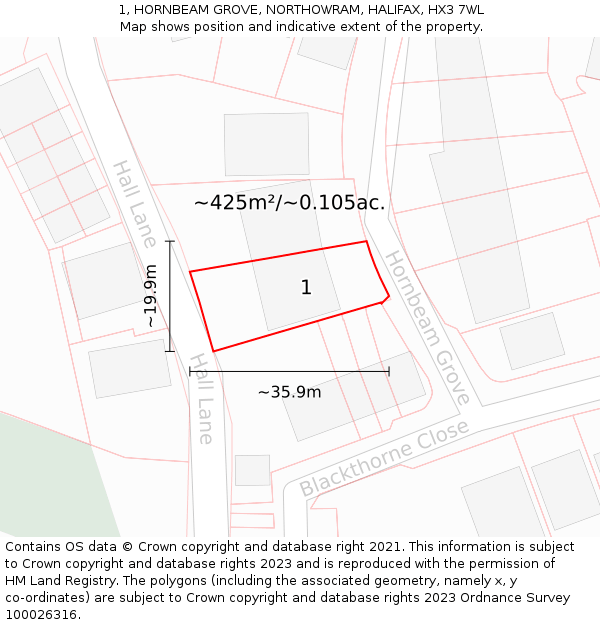 1, HORNBEAM GROVE, NORTHOWRAM, HALIFAX, HX3 7WL: Plot and title map