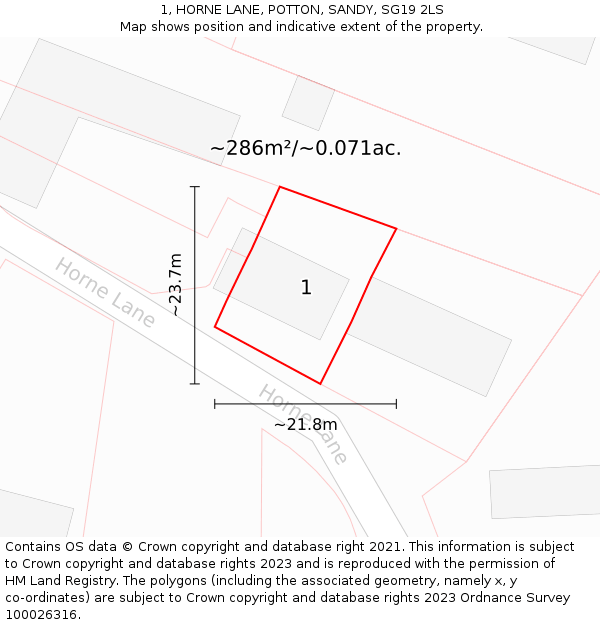 1, HORNE LANE, POTTON, SANDY, SG19 2LS: Plot and title map