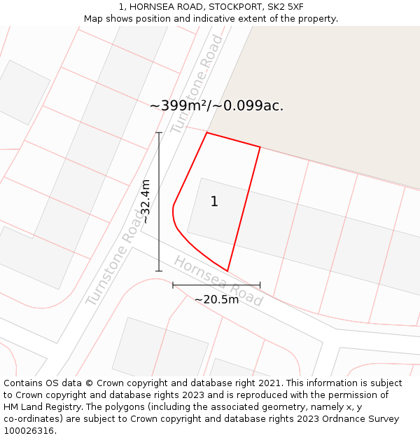 1, HORNSEA ROAD, STOCKPORT, SK2 5XF: Plot and title map