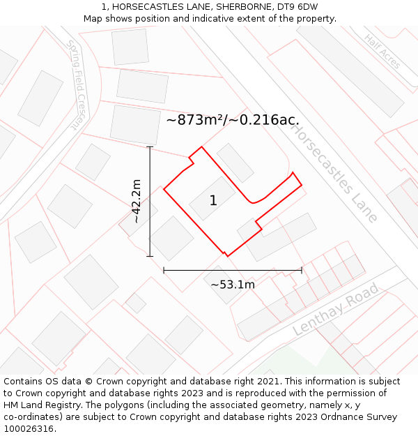 1, HORSECASTLES LANE, SHERBORNE, DT9 6DW: Plot and title map