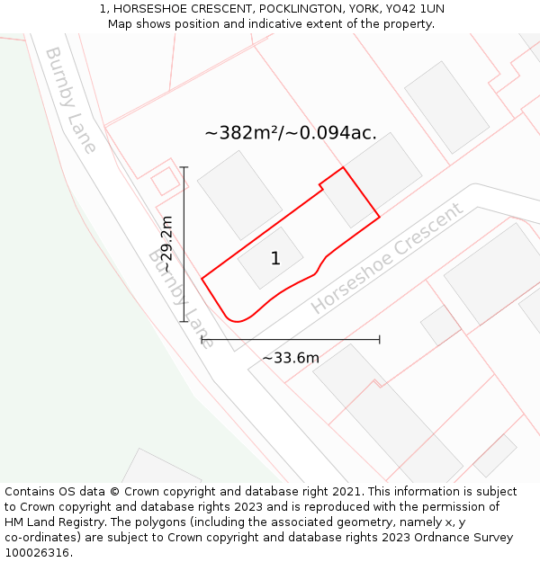 1, HORSESHOE CRESCENT, POCKLINGTON, YORK, YO42 1UN: Plot and title map