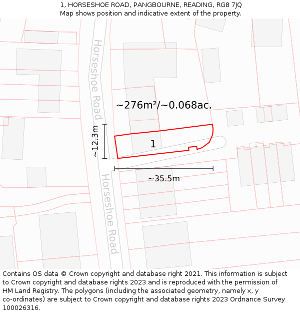 1, HORSESHOE ROAD, PANGBOURNE, READING, RG8 7JQ: Plot and title map