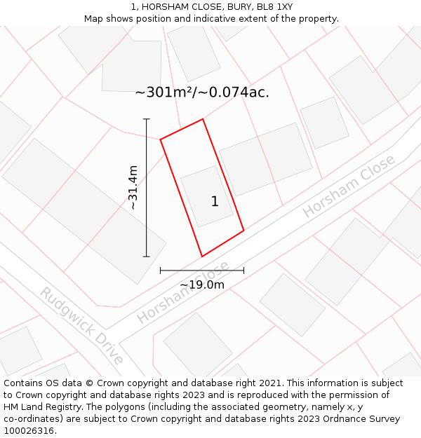 1, HORSHAM CLOSE, BURY, BL8 1XY: Plot and title map