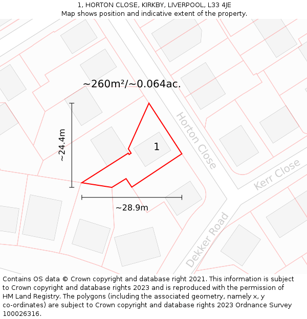 1, HORTON CLOSE, KIRKBY, LIVERPOOL, L33 4JE: Plot and title map