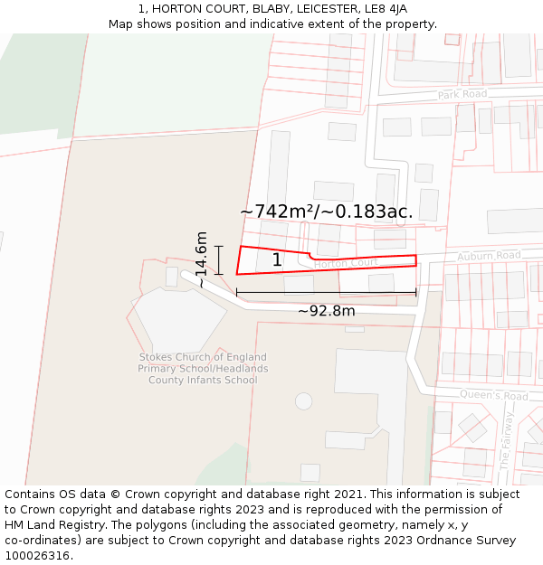 1, HORTON COURT, BLABY, LEICESTER, LE8 4JA: Plot and title map