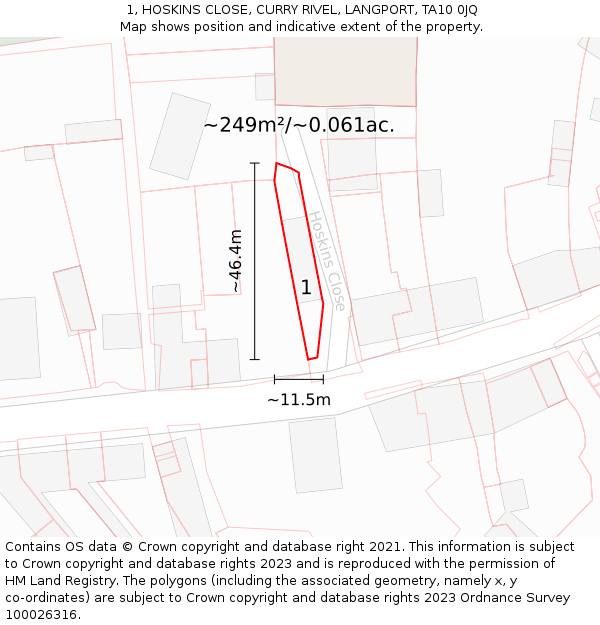 1, HOSKINS CLOSE, CURRY RIVEL, LANGPORT, TA10 0JQ: Plot and title map