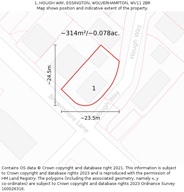 1, HOUGH WAY, ESSINGTON, WOLVERHAMPTON, WV11 2BR: Plot and title map