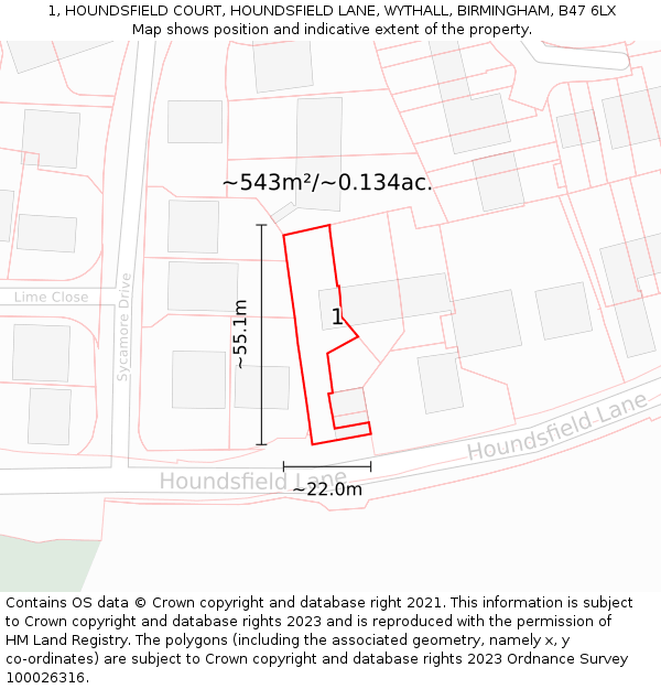 1, HOUNDSFIELD COURT, HOUNDSFIELD LANE, WYTHALL, BIRMINGHAM, B47 6LX: Plot and title map