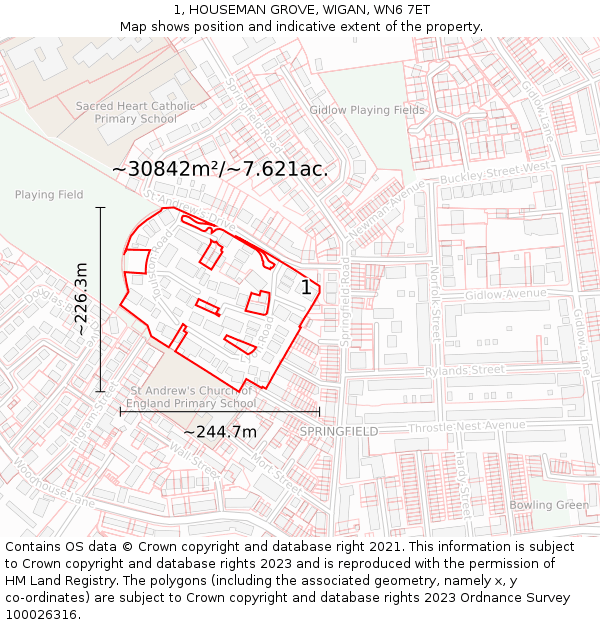 1, HOUSEMAN GROVE, WIGAN, WN6 7ET: Plot and title map