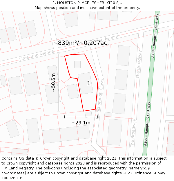 1, HOUSTON PLACE, ESHER, KT10 8JU: Plot and title map