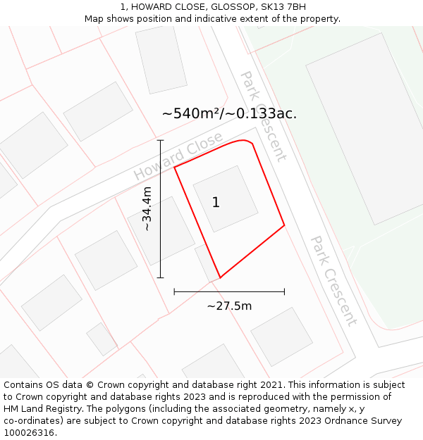 1, HOWARD CLOSE, GLOSSOP, SK13 7BH: Plot and title map