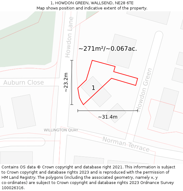 1, HOWDON GREEN, WALLSEND, NE28 6TE: Plot and title map