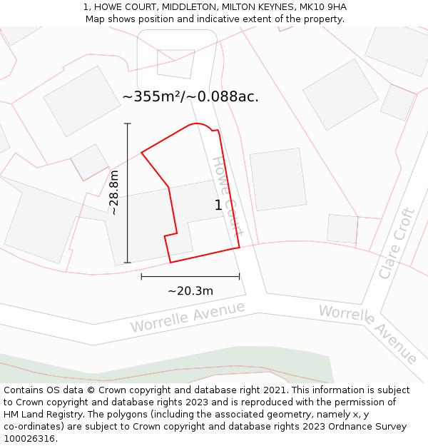 1, HOWE COURT, MIDDLETON, MILTON KEYNES, MK10 9HA: Plot and title map