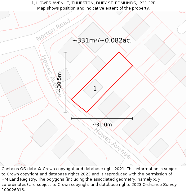 1, HOWES AVENUE, THURSTON, BURY ST. EDMUNDS, IP31 3PE: Plot and title map