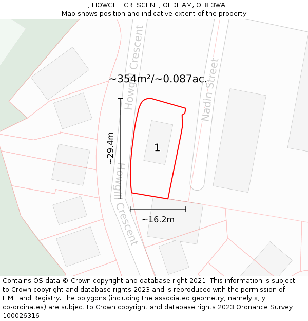 1, HOWGILL CRESCENT, OLDHAM, OL8 3WA: Plot and title map