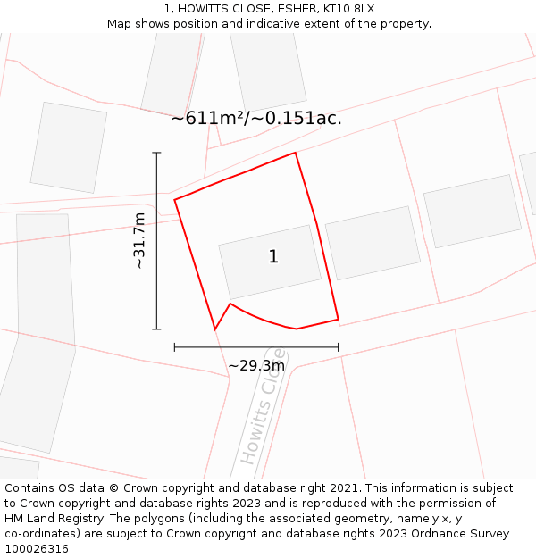 1, HOWITTS CLOSE, ESHER, KT10 8LX: Plot and title map