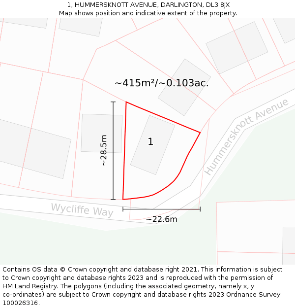 1, HUMMERSKNOTT AVENUE, DARLINGTON, DL3 8JX: Plot and title map