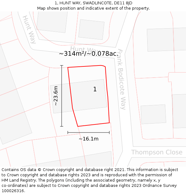 1, HUNT WAY, SWADLINCOTE, DE11 8JD: Plot and title map