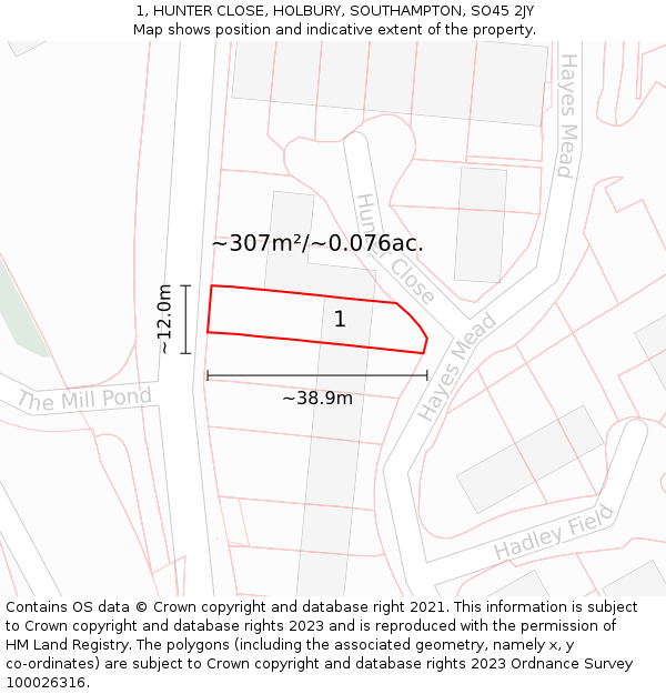 1, HUNTER CLOSE, HOLBURY, SOUTHAMPTON, SO45 2JY: Plot and title map