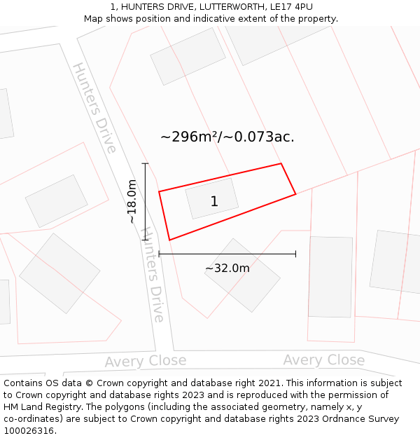 1, HUNTERS DRIVE, LUTTERWORTH, LE17 4PU: Plot and title map