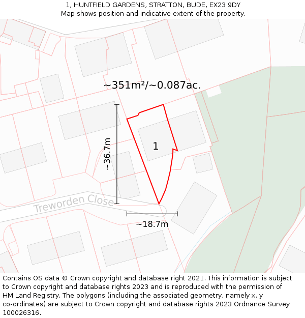 1, HUNTFIELD GARDENS, STRATTON, BUDE, EX23 9DY: Plot and title map