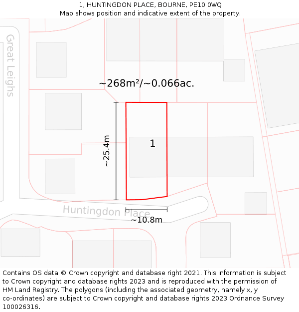 1, HUNTINGDON PLACE, BOURNE, PE10 0WQ: Plot and title map