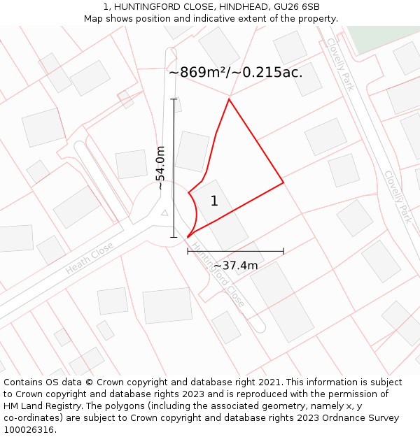 1, HUNTINGFORD CLOSE, HINDHEAD, GU26 6SB: Plot and title map