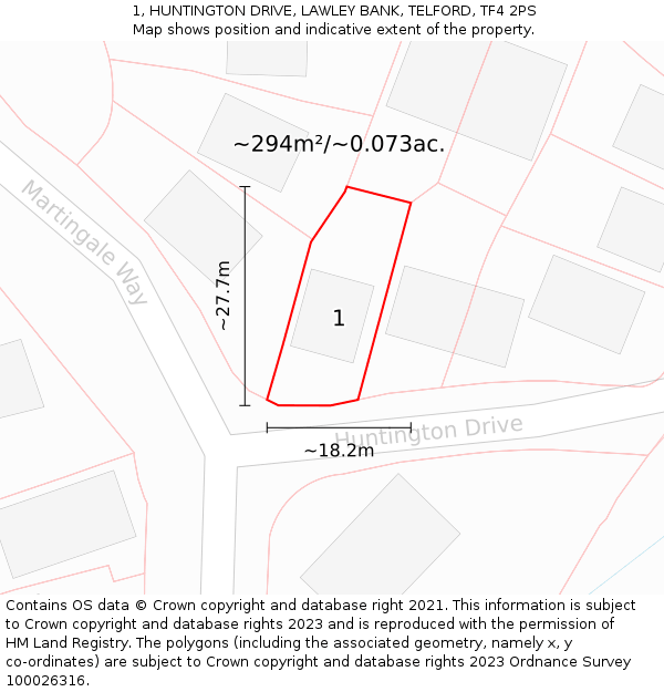 1, HUNTINGTON DRIVE, LAWLEY BANK, TELFORD, TF4 2PS: Plot and title map