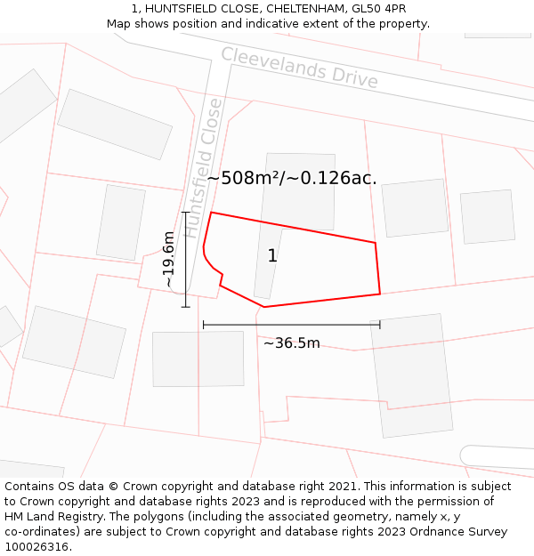 1, HUNTSFIELD CLOSE, CHELTENHAM, GL50 4PR: Plot and title map