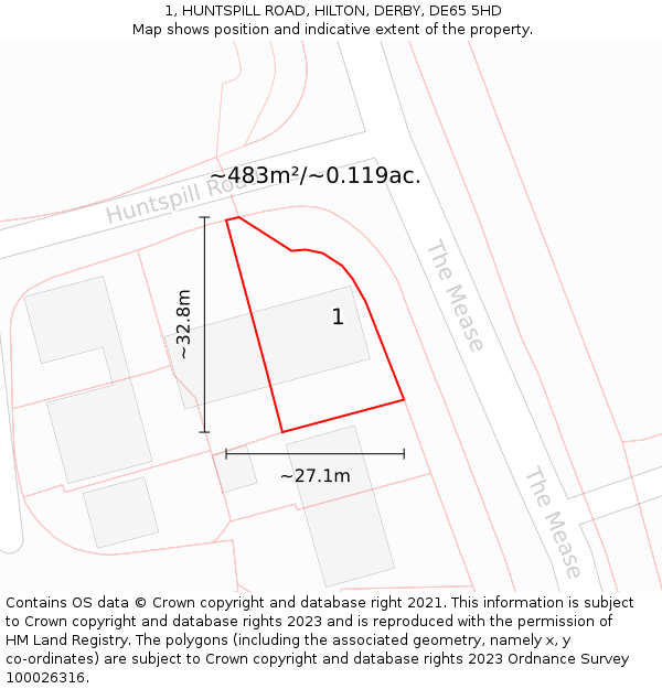 1, HUNTSPILL ROAD, HILTON, DERBY, DE65 5HD: Plot and title map