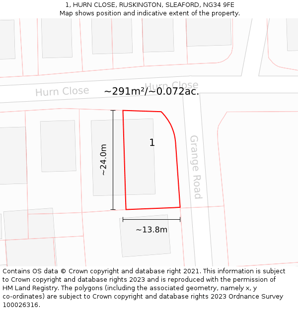 1, HURN CLOSE, RUSKINGTON, SLEAFORD, NG34 9FE: Plot and title map