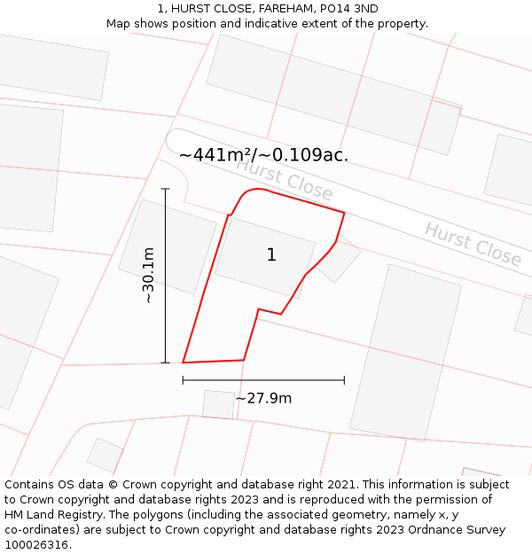 1, HURST CLOSE, FAREHAM, PO14 3ND: Plot and title map