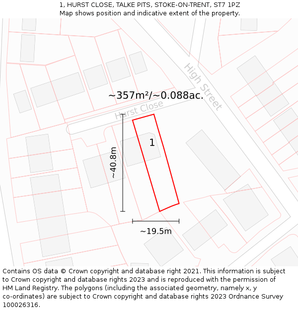 1, HURST CLOSE, TALKE PITS, STOKE-ON-TRENT, ST7 1PZ: Plot and title map