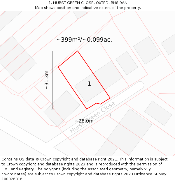 1, HURST GREEN CLOSE, OXTED, RH8 9AN: Plot and title map