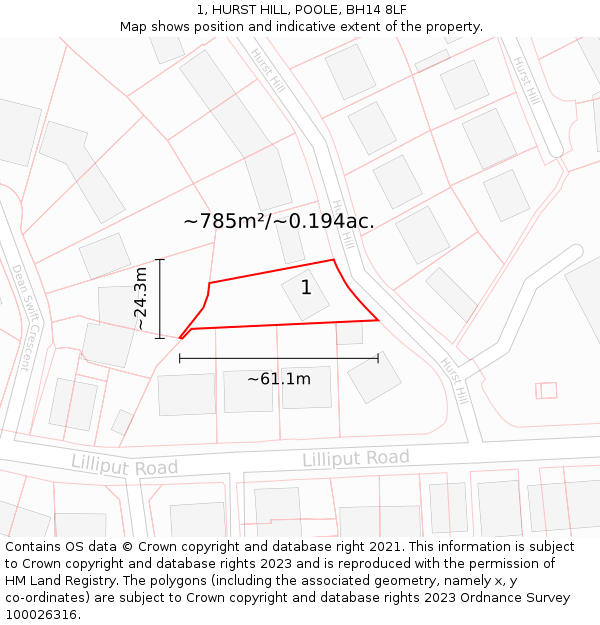 1, HURST HILL, POOLE, BH14 8LF: Plot and title map