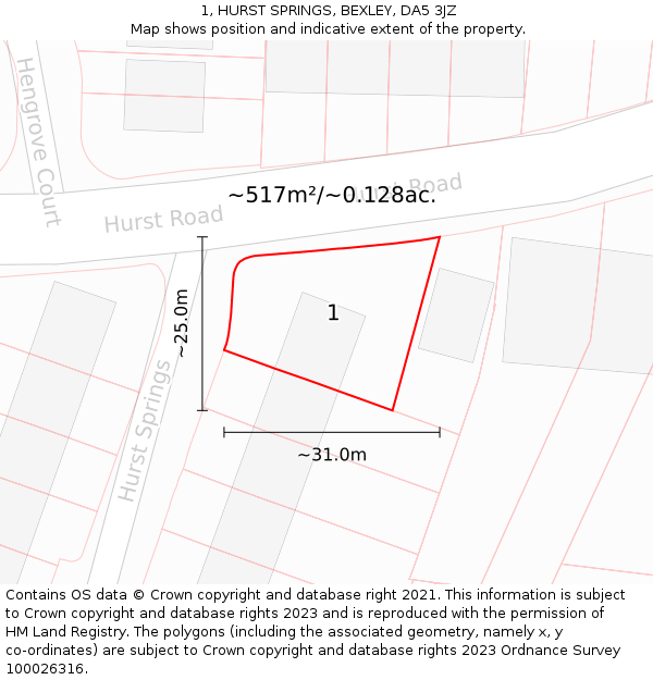 1, HURST SPRINGS, BEXLEY, DA5 3JZ: Plot and title map