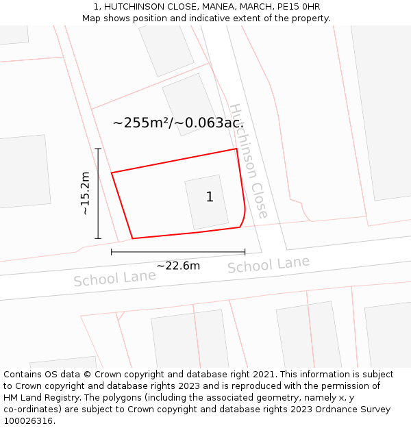 1, HUTCHINSON CLOSE, MANEA, MARCH, PE15 0HR: Plot and title map