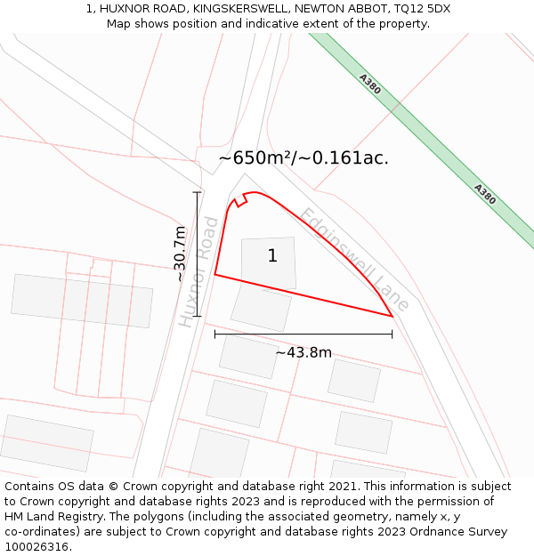 1, HUXNOR ROAD, KINGSKERSWELL, NEWTON ABBOT, TQ12 5DX: Plot and title map