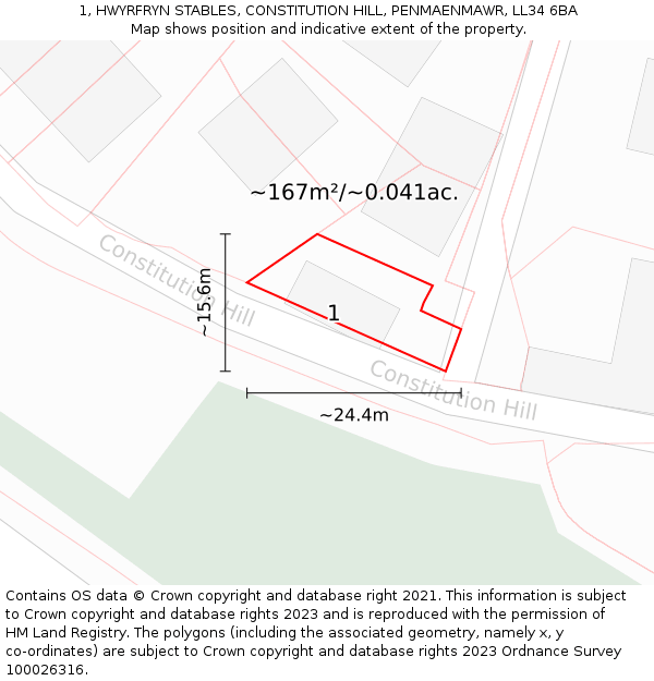 1, HWYRFRYN STABLES, CONSTITUTION HILL, PENMAENMAWR, LL34 6BA: Plot and title map