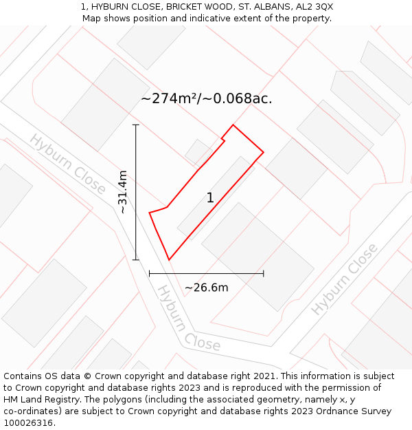 1, HYBURN CLOSE, BRICKET WOOD, ST. ALBANS, AL2 3QX: Plot and title map