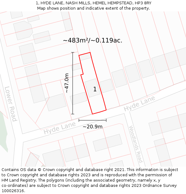 1, HYDE LANE, NASH MILLS, HEMEL HEMPSTEAD, HP3 8RY: Plot and title map